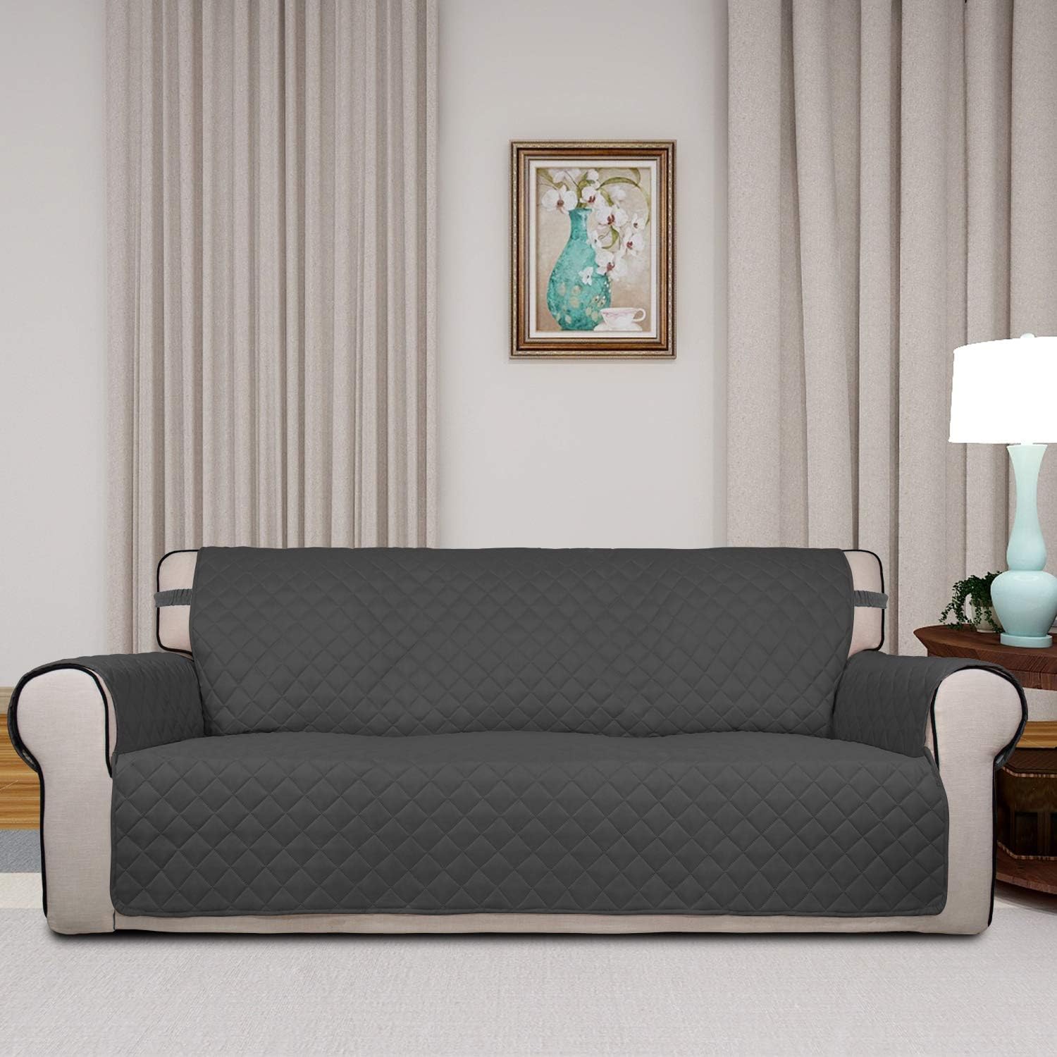 PureFit Reversible Quilted Sofa Cover, Water Resistant Slipcover Furniture Protector, Washable Couch Cover with Non Slip and Elastic Straps for Kids, Dogs, Pets (Sofa, Dark Gray/Beige)