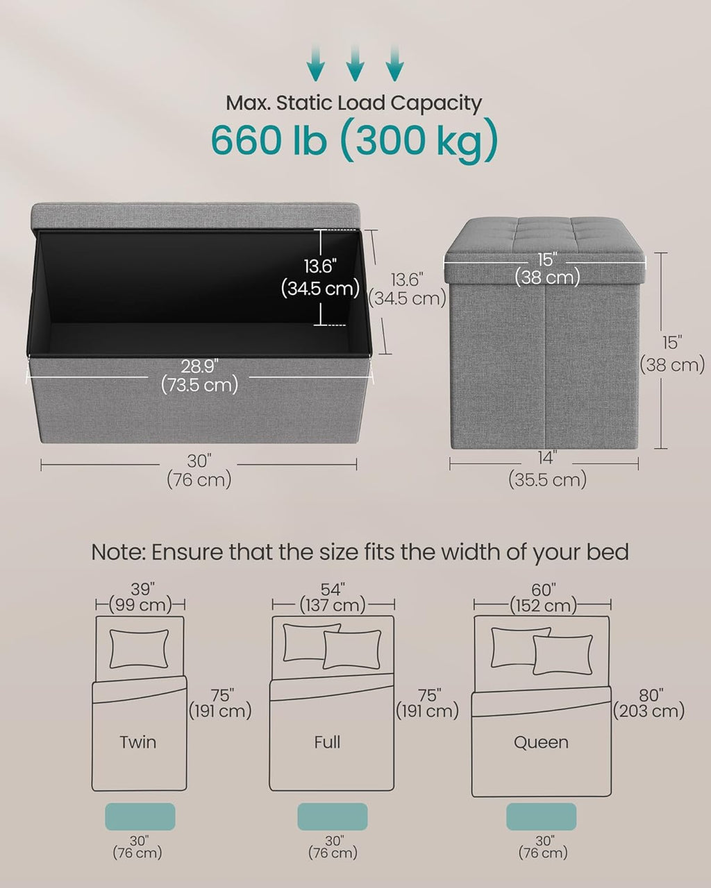 SONGMICS MAZIE Collection - 30 Inches Folding Storage Ottoman Bench, Ottoman Foot Rest, End of Bed Bench, Storage Chest, Load 660 lb, for Living Room, Bedroom, Entryway, Light Gray ULSF47G