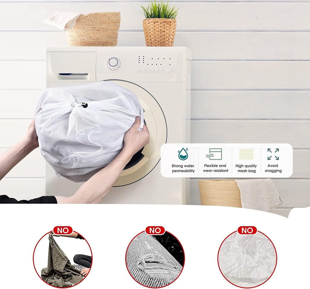 OTraki 2 Pcs Large Mesh Laundry Bags, 24X36 Inch Heavy Duty Drawstring Laundry Wash Bag, Dirty Clothes Laundry Hamper Liner Machine Washable Storage Bag for Travel Dorm Camp Hotel Beach White