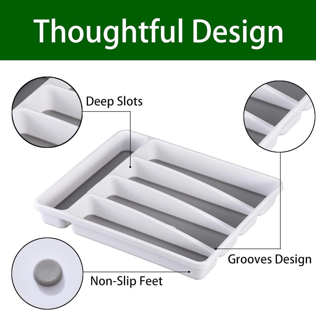 Silverware Organizer 2 Pieces Utenisl Organizer Holder Kitchen Drawer Organizer Plastic Silverware Tray for Drawer Flatware Organizer 5 Compartment White