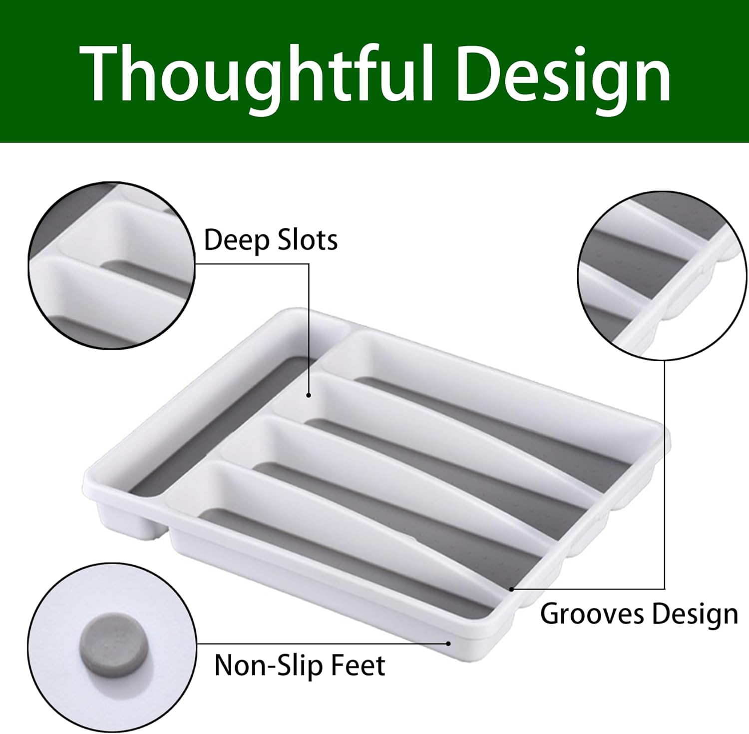 Silverware Organizer 2 Pieces Utenisl Organizer Holder Kitchen Drawer Organizer Plastic Silverware Tray for Drawer Flatware Organizer 5 Compartment White