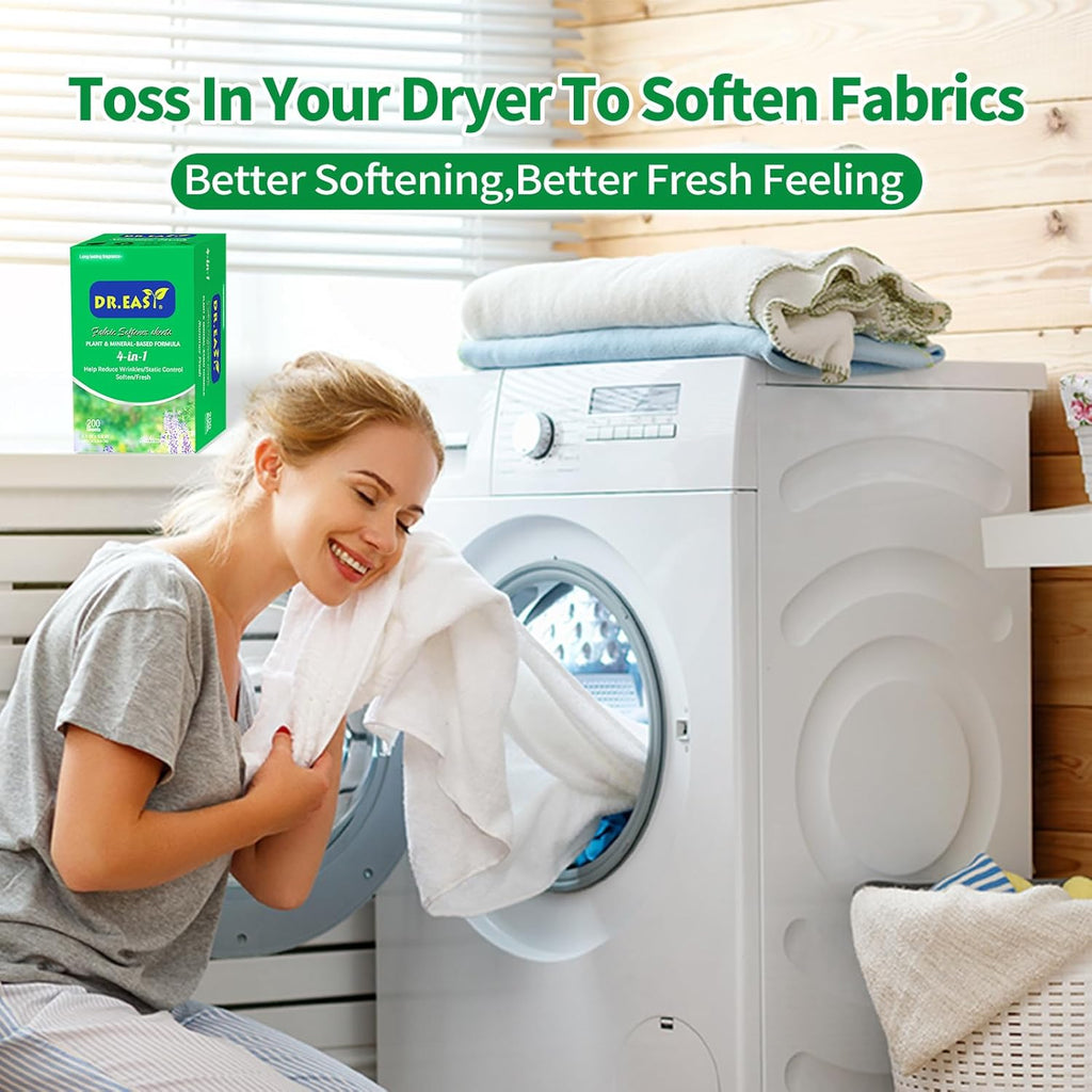 DR.EASY SUMMER FRESH Dryer Sheets Plant Based Formula 200 Ct Fabric Softener sheets for Laundry Essential Oil Scented No Artificial Fragrances No Dyes Reduce Static & Wrinkles Help Repel Pet Hair