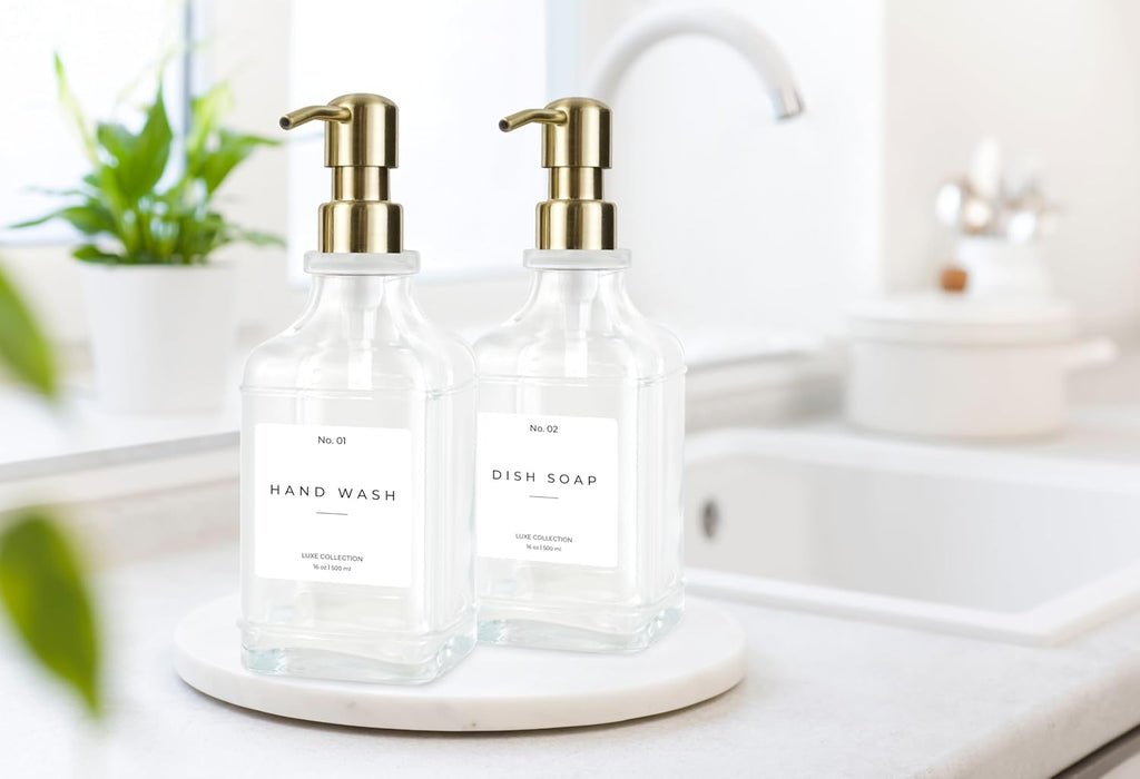Emerson Essentials Soap Dispenser, Dish Soap Dispenser, Soap Bottle Set, Hand Soap Dispenser, Kitchen Soap Dispenser Set, Glass Soap Dispenser with Pump and Labels, 16 Oz, 2 Pack, Farmhouse