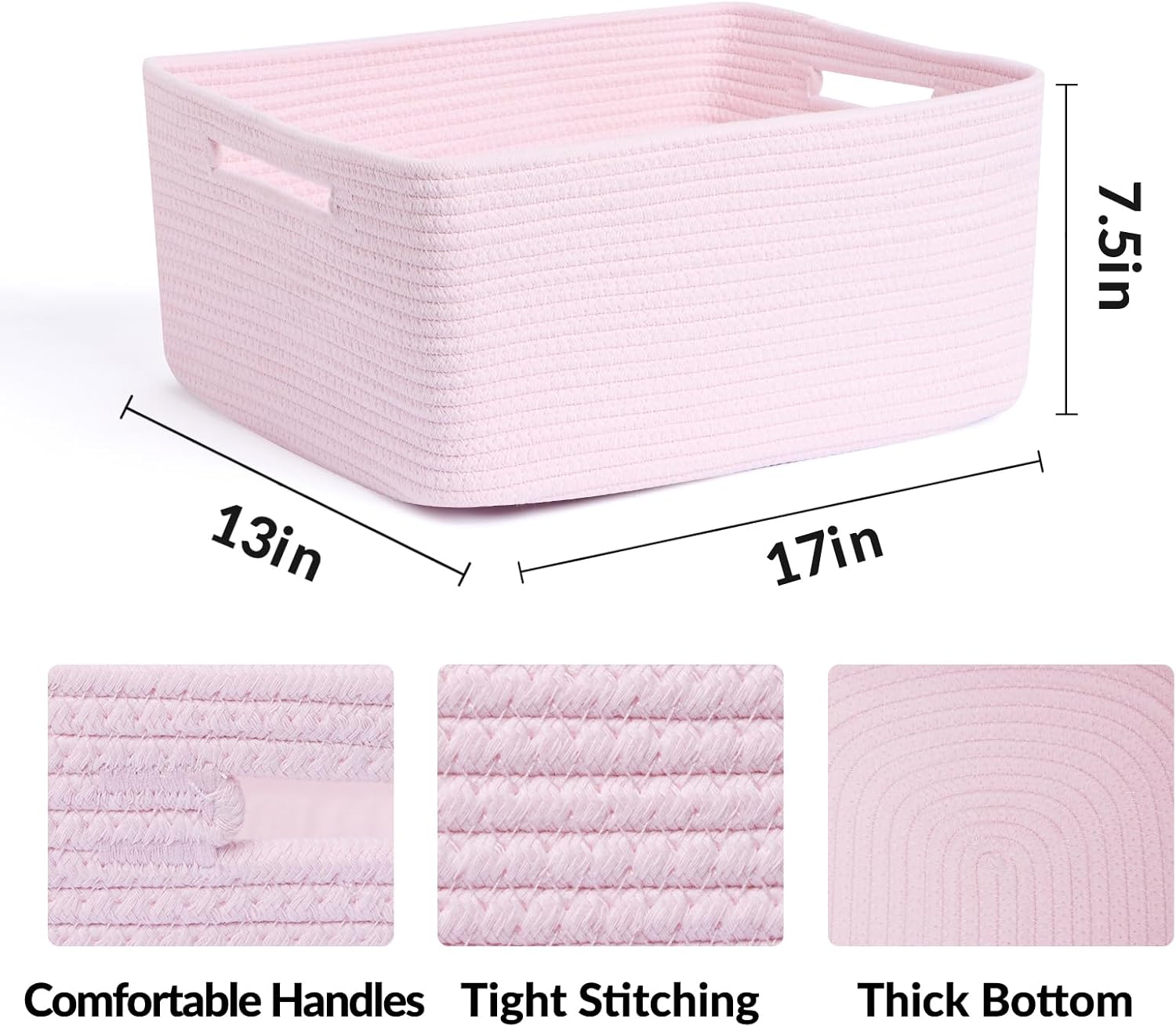 Large Storage Baskets for Shelves, Closet Organizers Bins for Clothes Blanket Towels, Baby Nursery, Toy Baskets Box, Woven Rope Baskets, 17 x 13 x 7.5”, 3 Packs Light Pink