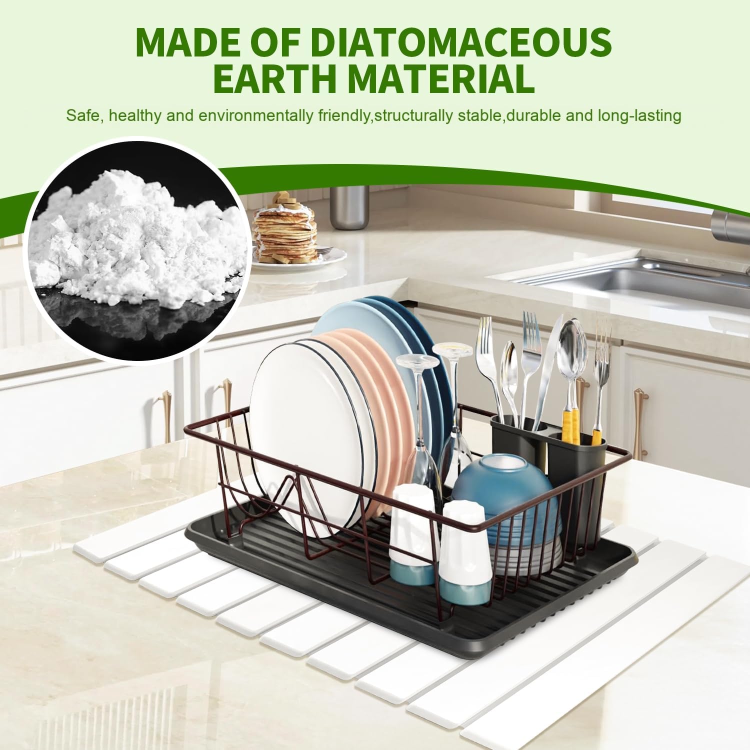 Stone Drying Mat for Kitchen Counter Square, 23.62"x15.35", Collapsible Quick Dry Dish Drying Mat, Absorbent Diatomaceous Earth Pads Match Any Countertop for Dishes Kitchen and Bathroom