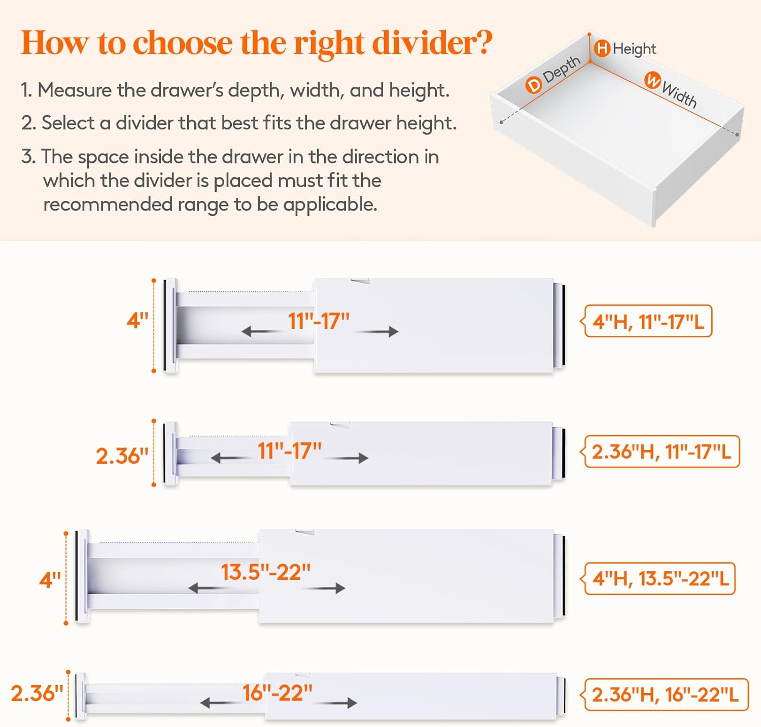 Lifewit 8 Pack Drawer Dividers 4" High,11-17" Adjustable Dresser Drawer Organizers for Clothes, Expandable Dresser Separators in Bedroom/Bathroom/Kitchen/Vanity/Office Organization and Storage, White