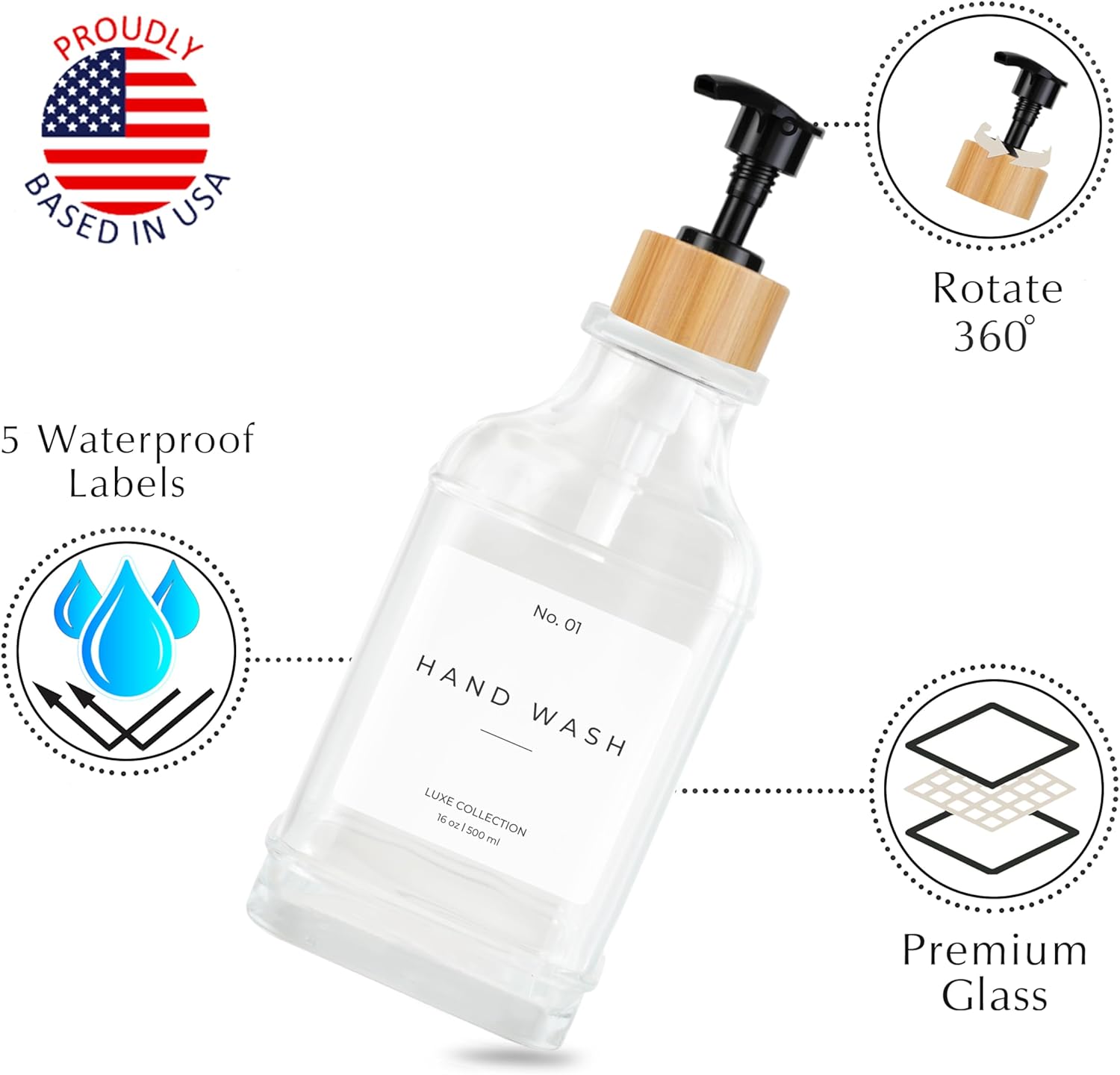 Emerson Essentials Soap Dispenser, Dish Soap Dispenser, Soap Bottle Bathroom Set, Farmhouse, Kitchen Soap Dispenser Set Stainless Steel - Glass Soap Dispenser with Pump and Labels, 16 Oz, 2 Pack