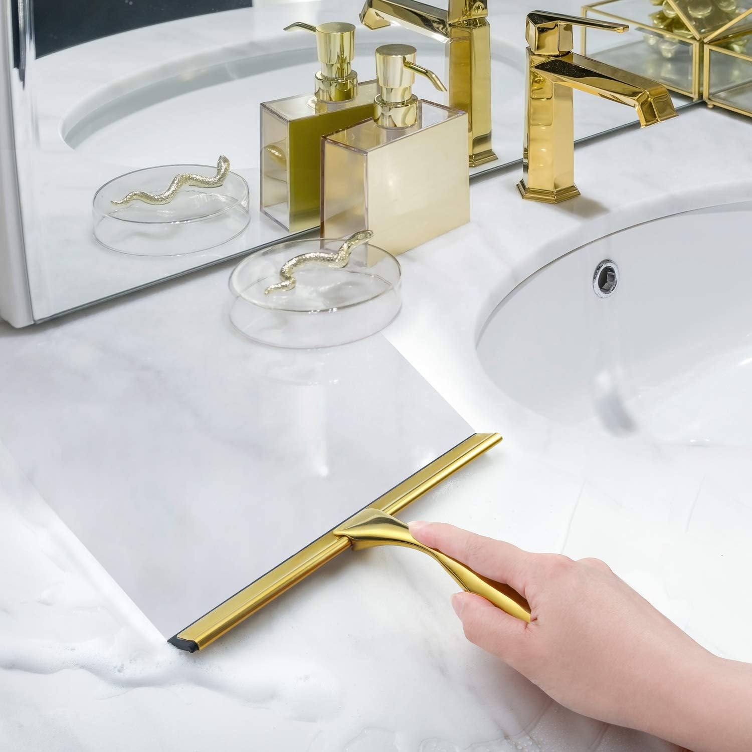 HIWARE All-Purpose Shower Squeegee for Shower Doors, Bathroom, Window and Car Glass - Brass, Stainless Steel, 10 Inches