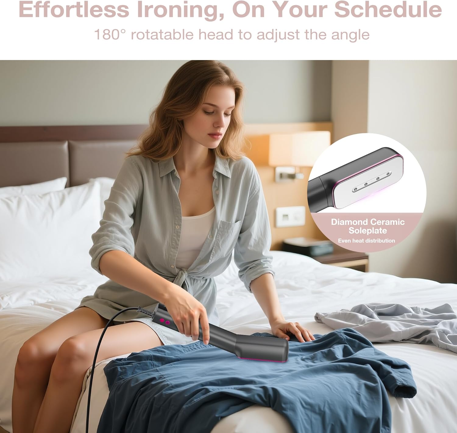 Newbealer 3in1 Clamp Travel Steam Iron with Global Voltage, 100-240V Clothes Steamer, Dry Ironing & 2 Steam Levels, Non-Stick Ceramic Soleplate, Auto-Off, Self Cleaning, w/Detachable Clamp (Ashpink)