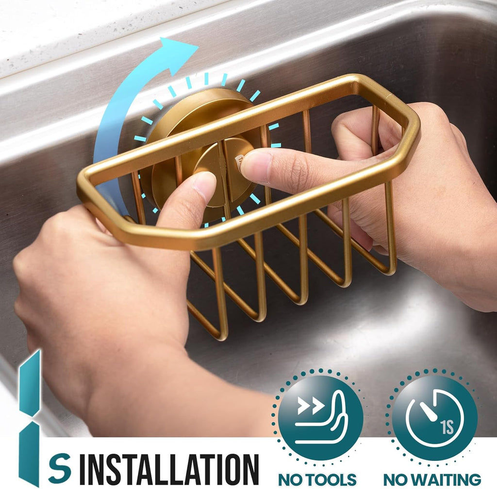 TAILI Sponge Holder for Kitchen Sink with Strong Suction Cup, Rustproof Aluminum Sink Caddy for Sponges, Brushes, Stoppers & Scrapers, Gold