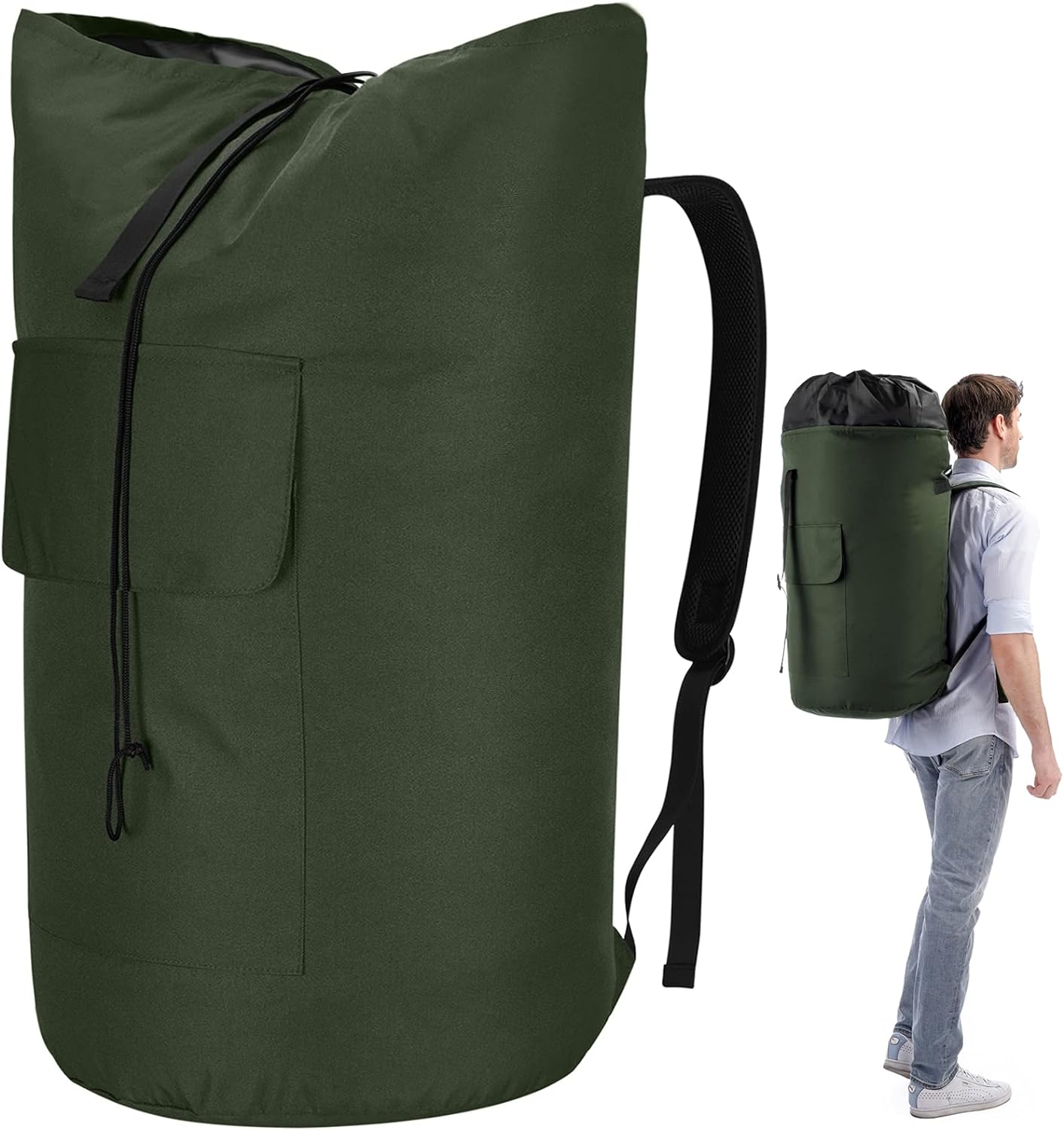 Laundry Bags Extra Large Heavy Duty, 115L Laundry Backpack, Sturdy Laundry Bag with Shoulder Straps, Army Green Laundry Bag for College, Top Loading Duffle Bag for Camp, Travel, Dorm, Apartment