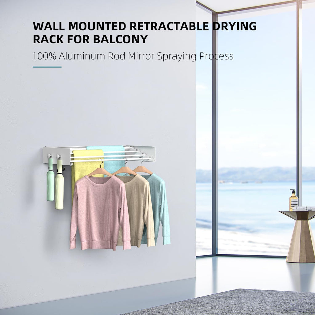 Drying Rack Clothing,Clothes Drying Rack Wall Mounted,Laundry Drying Rack Wall Mount,Foldable,Collapsible,60 lb Capacity 4 Aluminium Poles with 8 Hooks,Space Saving Clothes Drying Rack,White 23.6"