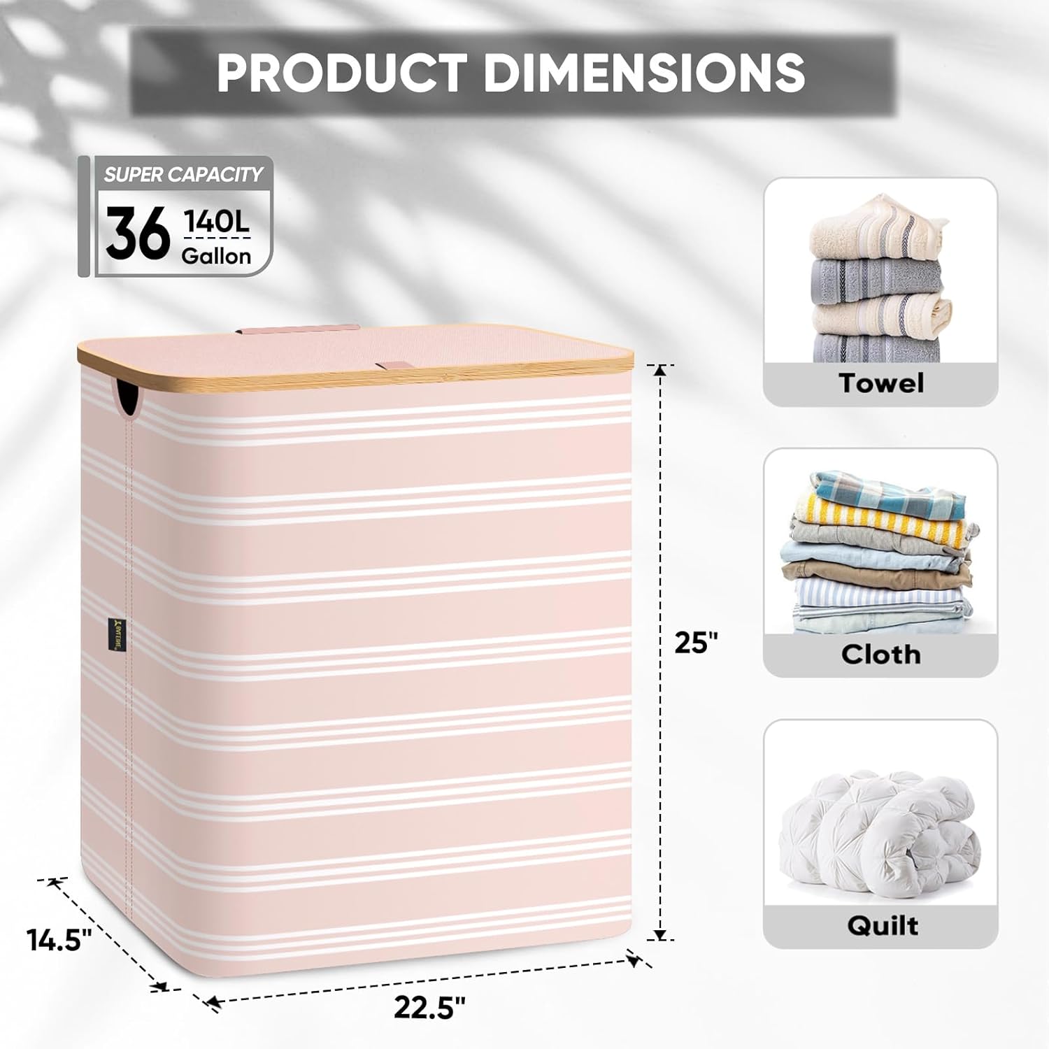 BALEINE Laundry Hamper with Lid, Tall Laundry Baskets with Bamboo Pull Handles, Large Laundry Bin with Internal Support (36 Gal/140L, Pink Pinstripe)