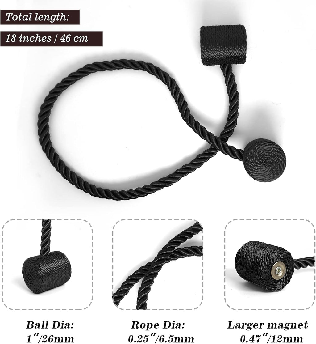 Hion Magnetic Curtain Tiebacks Black 4 Pack, Curtain Tiebacks Buckles Holdbacks Holders Hooks Clip for Home Bedroom Office Decorative Thick or Thin Curtain