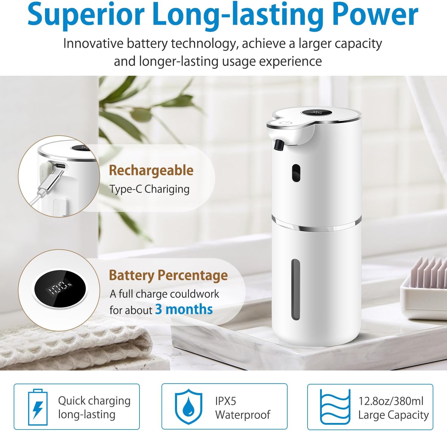 Automatic Foaming Soap Dispenser 12.8oz, Rechargeable & 6 Levels Foaming Adjustable with Digital Display, Wall Mount, Waterproof, Touchless Hand/Dish Soap Dispenser for Kitchen, Bathroom, Hotel