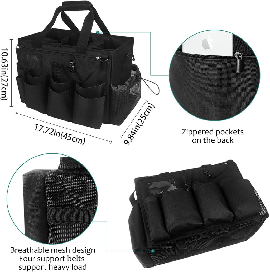 Qivine Cleaning Caddy with Handle, Cleaning Supply Caddy Foldable Tool Bag Cleaning Products Organizers Portable Cleaning Bucket Organiser for Storing Towels（Black Square）