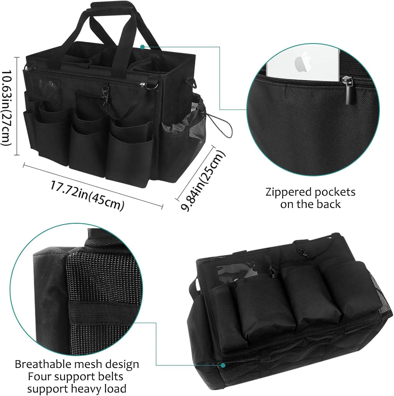Qivine Cleaning Caddy with Handle, Cleaning Supply Caddy Foldable Tool Bag Cleaning Products Organizers Portable Cleaning Bucket Organiser for Storing Towels（Black Square）