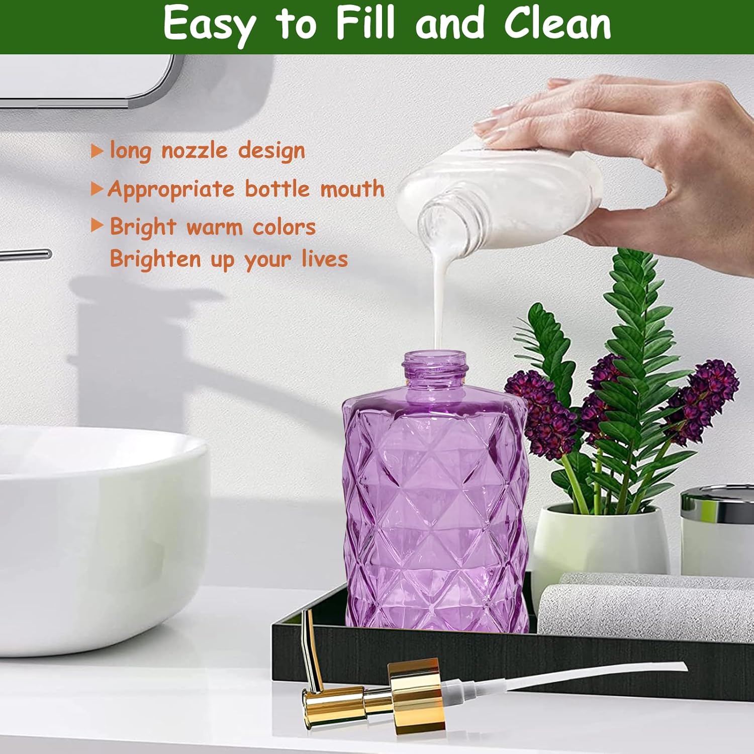 Glass Soap Dispenser with Gold Plastic Pump, 12oz Refillable Liquid Hand Soap Dispenser, Crystal Lotion Bottle for Modern Home Decor, Bathroom, Kitchen Countertop, Hotel(Rosy)