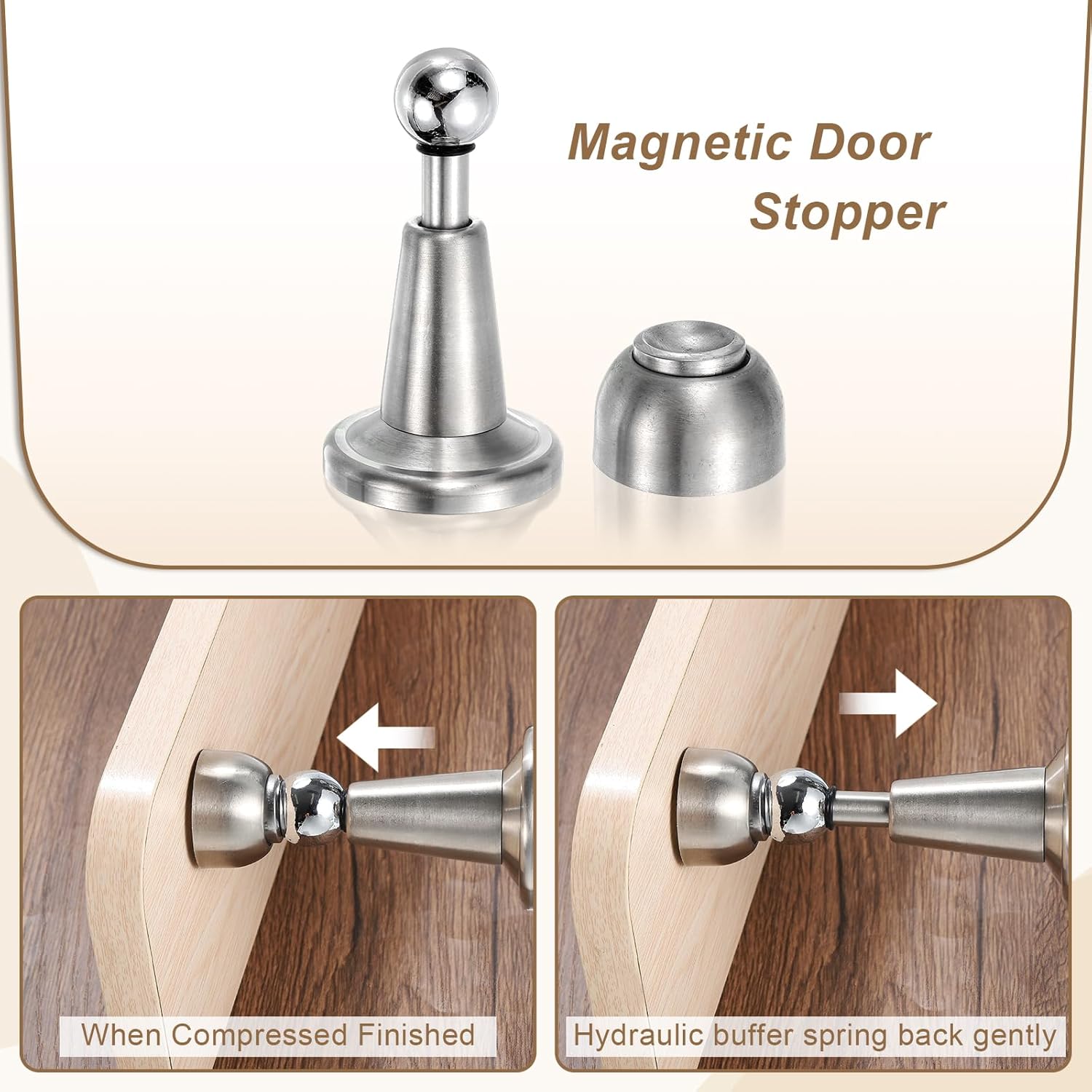 uxcell 4Pcs Magnetic Door Stopper, 304 Stainless Steel Magnetic Door Stop Catch, Soft-Catch Brushed Nickel Hold Door Open Wall Mount for Bottom of Door, Silver