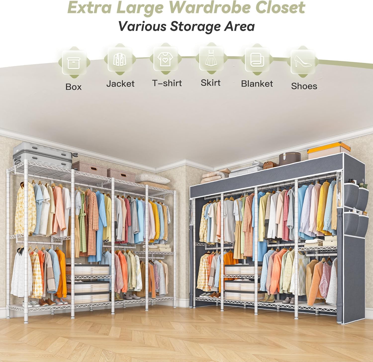 Raybee Clothes Rack with Cover,1150LBS Heavy Duty Clothing Rack for Hanging Clothes,Adjustable Portable,18" D x 76" W x 77" H,White