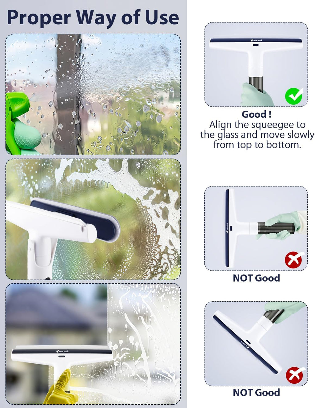 Red Horn Window Squeegee with Long Handle, Mirror Window Cleaning Squeegee Kit with Washable Pad and Blade Cleaner for Glass,Wall, Window, Mirror.White Color