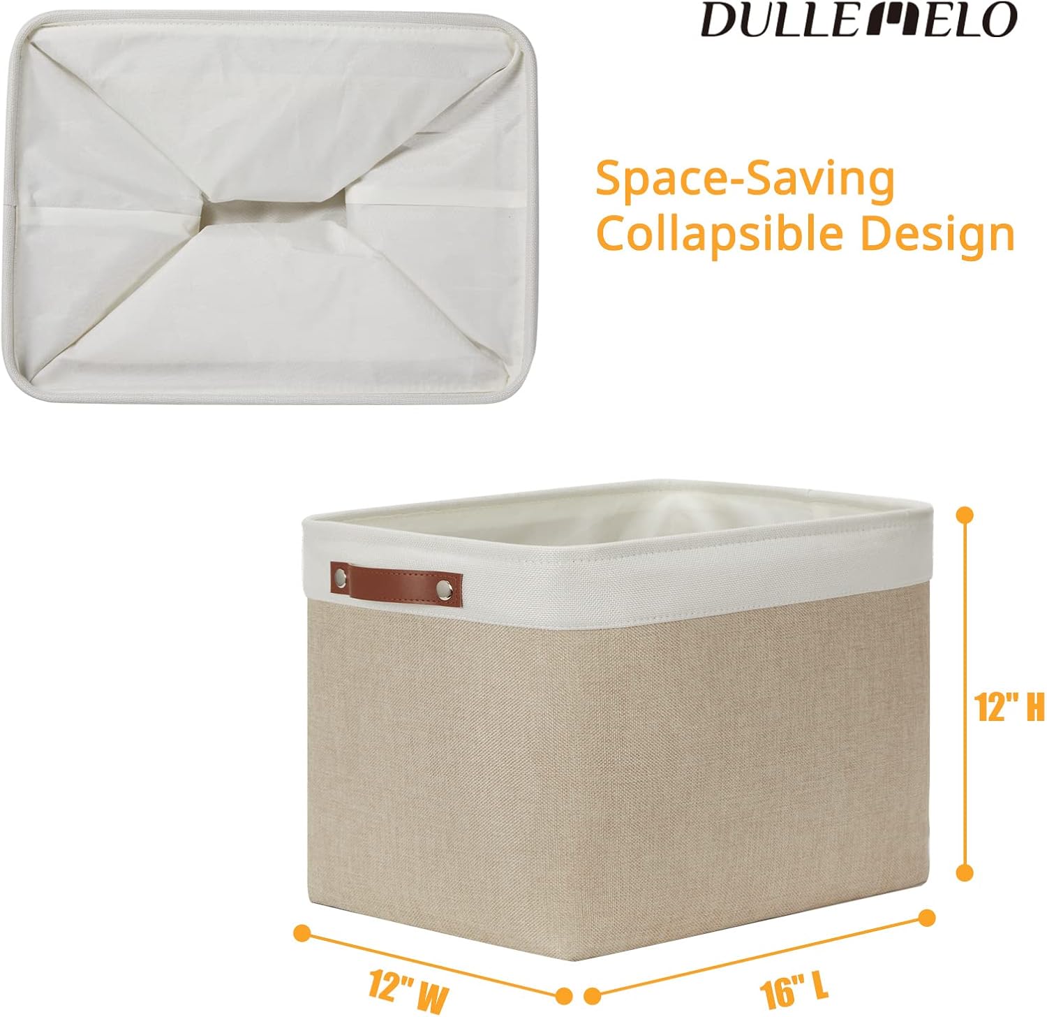 DULLEMELO Storage Baskets Large 16"x12"x12" Tall Rectangular Baskets Fabric Storage Bins for Organizing [1 Pack] Collapsible Linen Shelf Baskets for Clothes, Toys, Closet, Laundry (White&Khaki)
