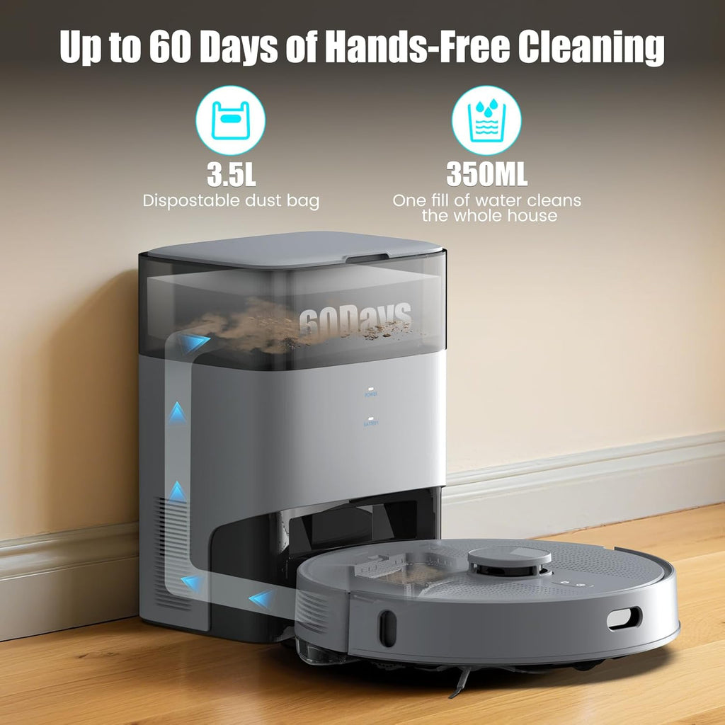 AIRROBO T25+ Robot Vacuum and Mop Combo,5500Pa Powerful Suction, Self-Emptying, 60-Day Capacity, 240 Mins, Smart APP Control, Multi-Floor Mapping，Perfect for Hard Floors, Carpets, and Pet Hair