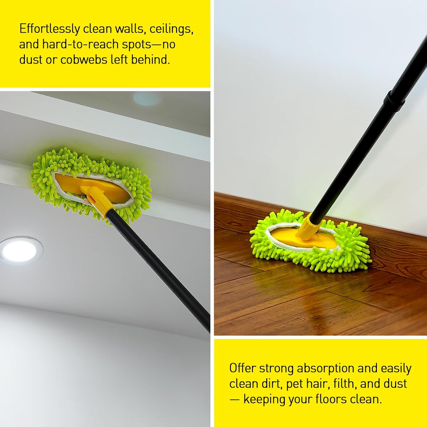 Grout Brush with Long Handle, Rotation Tile Grout Cleaning Tool, Wall Cleaner Mop, Baseboard Scrubber with 1 Chenille Duster for Painted Walls, Floor and Corners, V-Shape Shower Scrubber Cleaner -59in