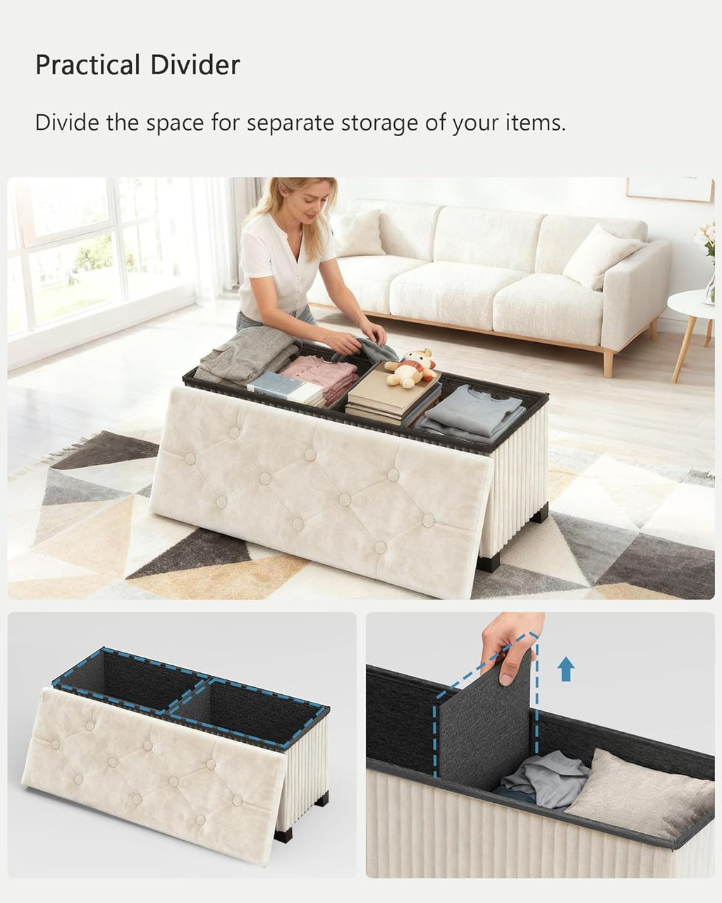 Storage Ottoman Bench, 43 Inch Foldable Ottoman with Legs, Velvet Foot Rest Stool, End of Bed Bench, Storage Chest for Living Room, Bedroom (Beige)