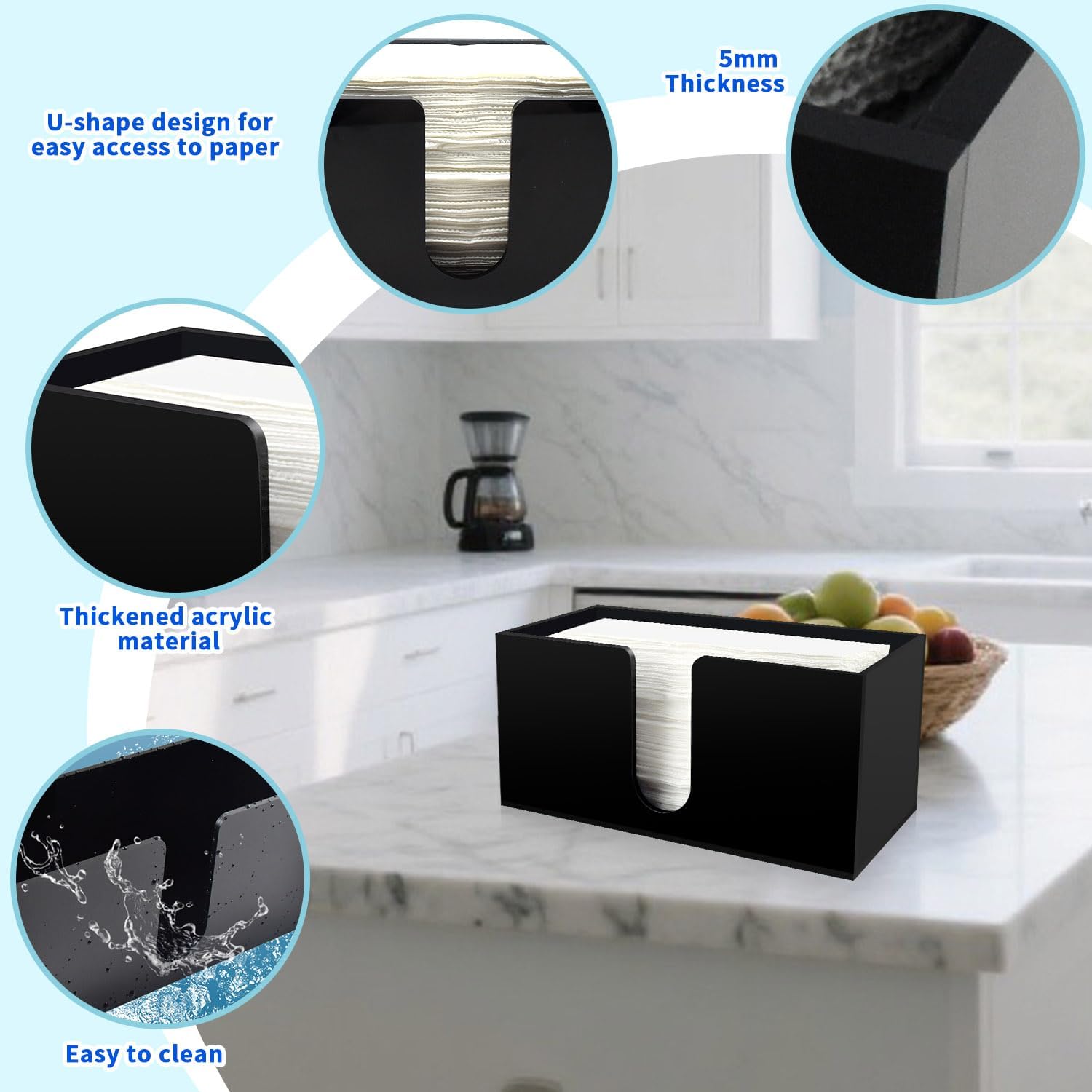 Paper Towel Holder for Countertop,Black Acrylic Napkin Dispenser-Multifold/C-Fold/Z-Fold Trifold Paper Towel Dispenser for Bathroom Kitchen Restaurant Toilet - Durable 5mm Thick(4)