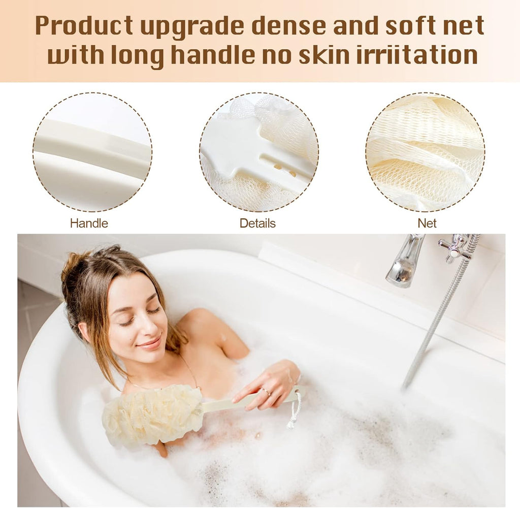 2Pack Back Scrubber for Shower，PIPUHA Loofah Sponge Shower Brush Using Body Exfoliating with Long Handle, Loofah on a Stick for Men Women, Bathing Accessories for Body Brushes (Blue and White)