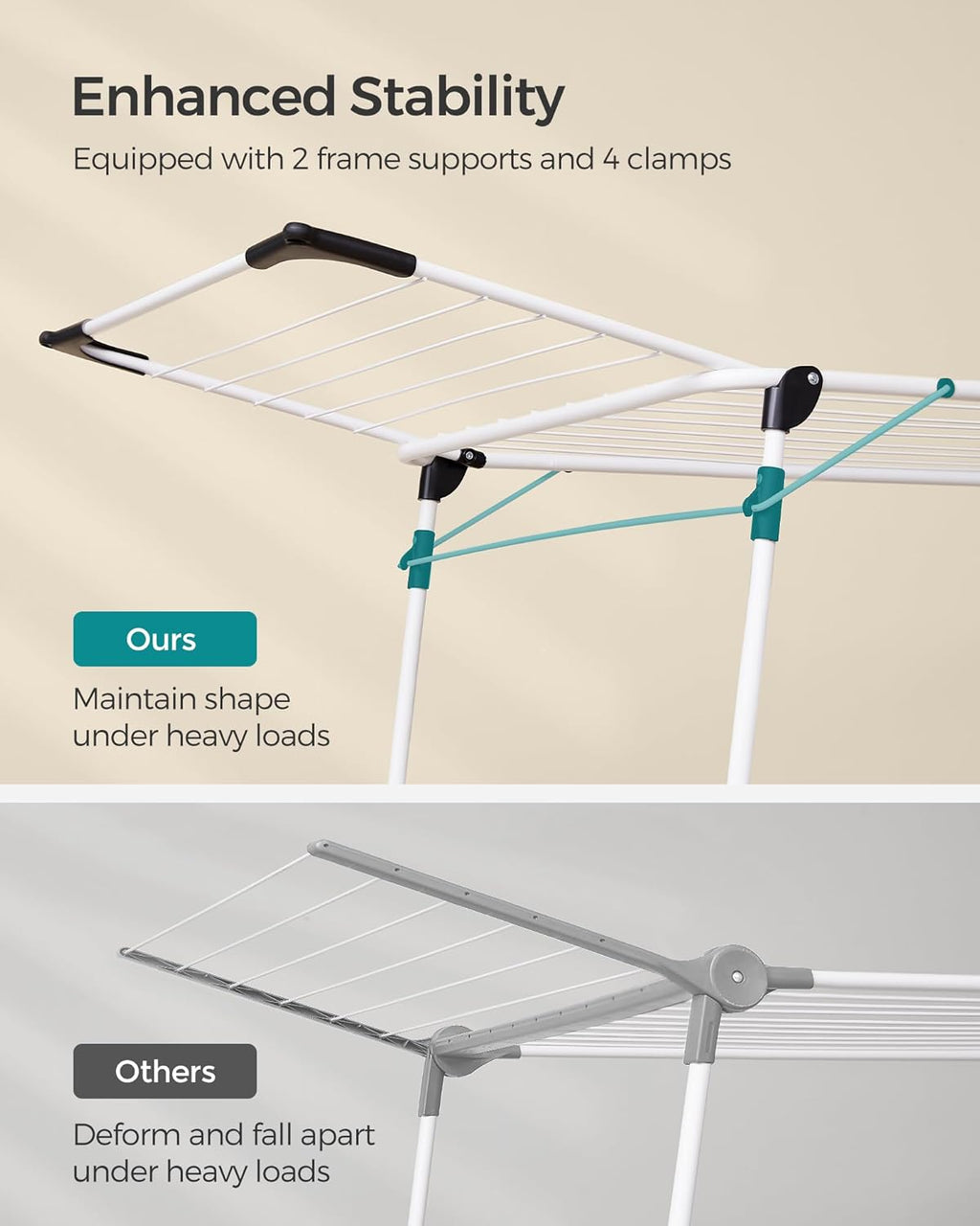 SONGMICS Clothes Drying Rack Foldable, Gullwing Laundry Drying Rack, Space-Saving, 22.2 x 68.1 x 38 Inches, Sock Clips, Metal Structure, for Clothes, Towels, Linens, Indoor, Outdoor White ULLR518W01