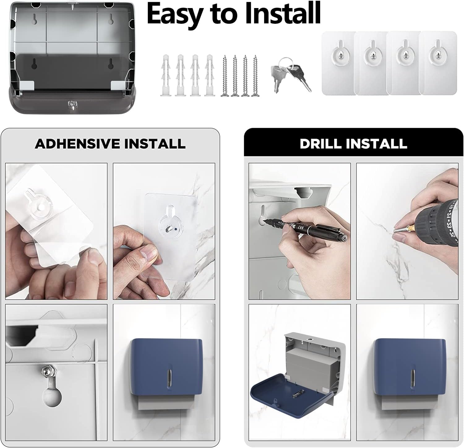 Paper Towel Dispenser Wall Mount,Capacity 200+ Sheets ZFold Tri Fold Blue Adhesive No Drilling or Screws Installation for Home Toilet