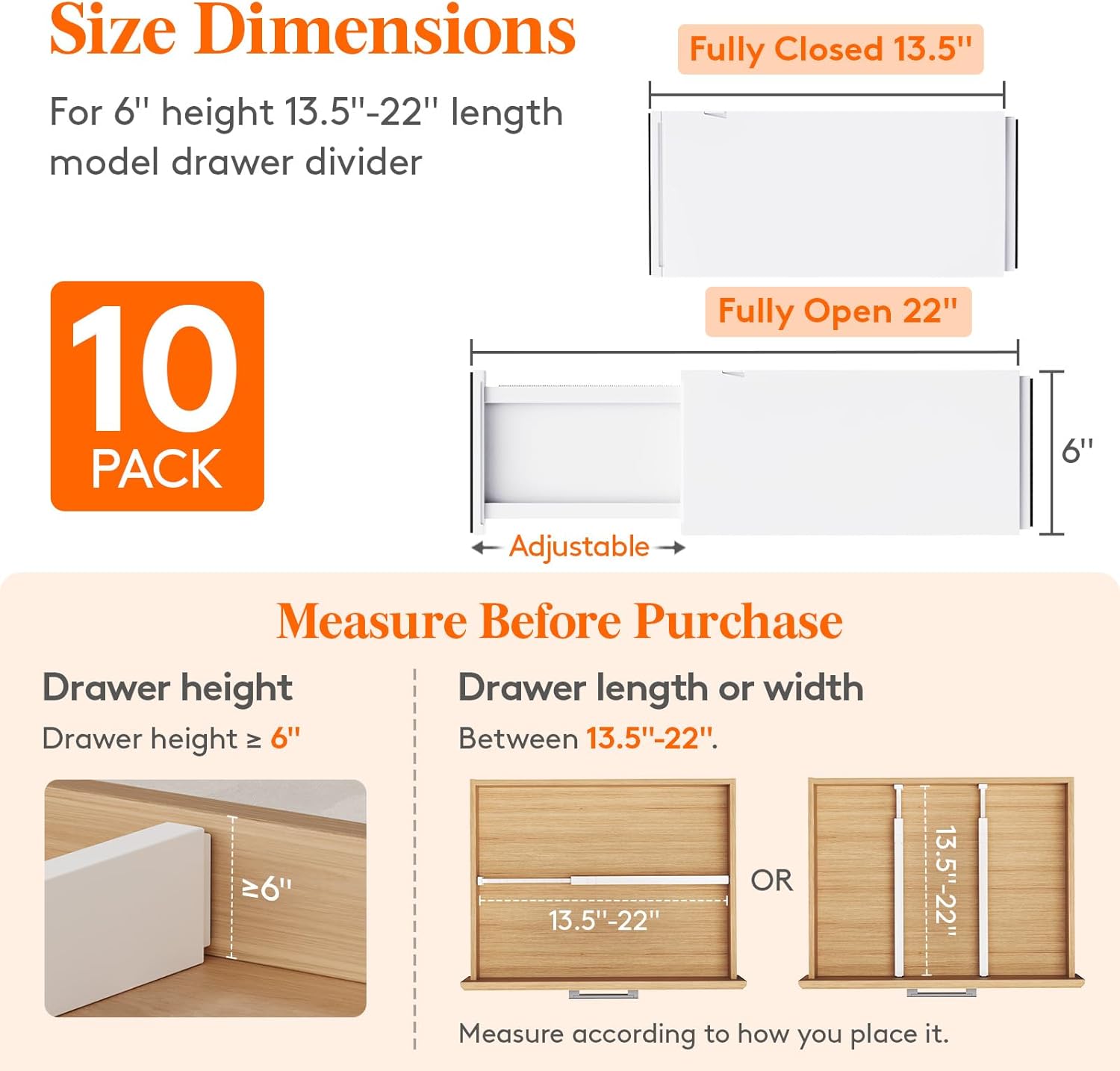 Lifewit 10 Pack Drawer Dividers Plastic 6" High, 13.5-22" Adjustable Drawer Organizers for Clothes, Expandable Dresser Separators in Bedroom/Bathroom/Kitchen/Fridge/Office Organization and Storage