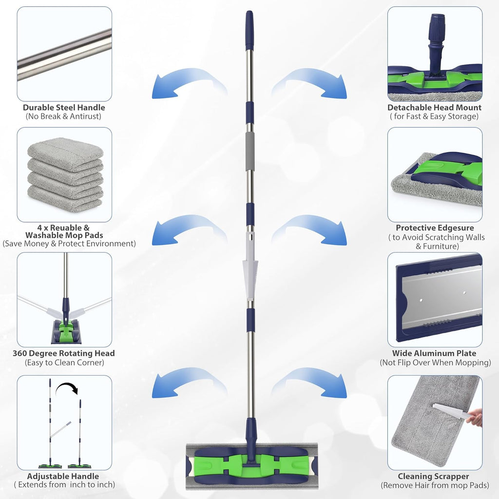 MEXERRIS Microfiber Mops for Hardwood Laminate Tile Floor Cleaning: Stainless Steel Handle - 4 Reusable Flat Mop Refills and 1 Dirt Removal Scrubber Included - Dry Dust Mop Commercial Home Use