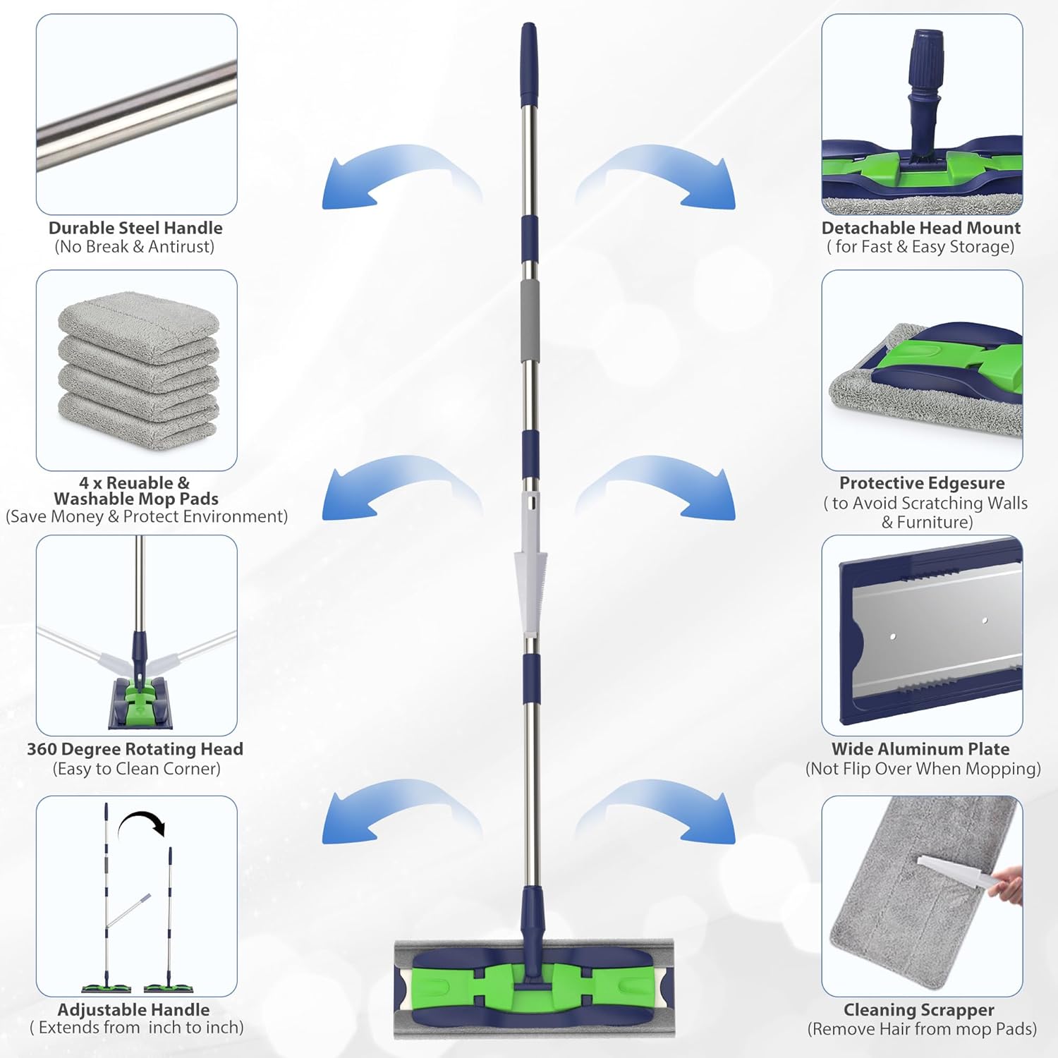 MEXERRIS Microfiber Mops for Hardwood Laminate Tile Floor Cleaning: Stainless Steel Handle - 4 Reusable Flat Mop Refills and 1 Dirt Removal Scrubber Included - Dry Dust Mop Commercial Home Use
