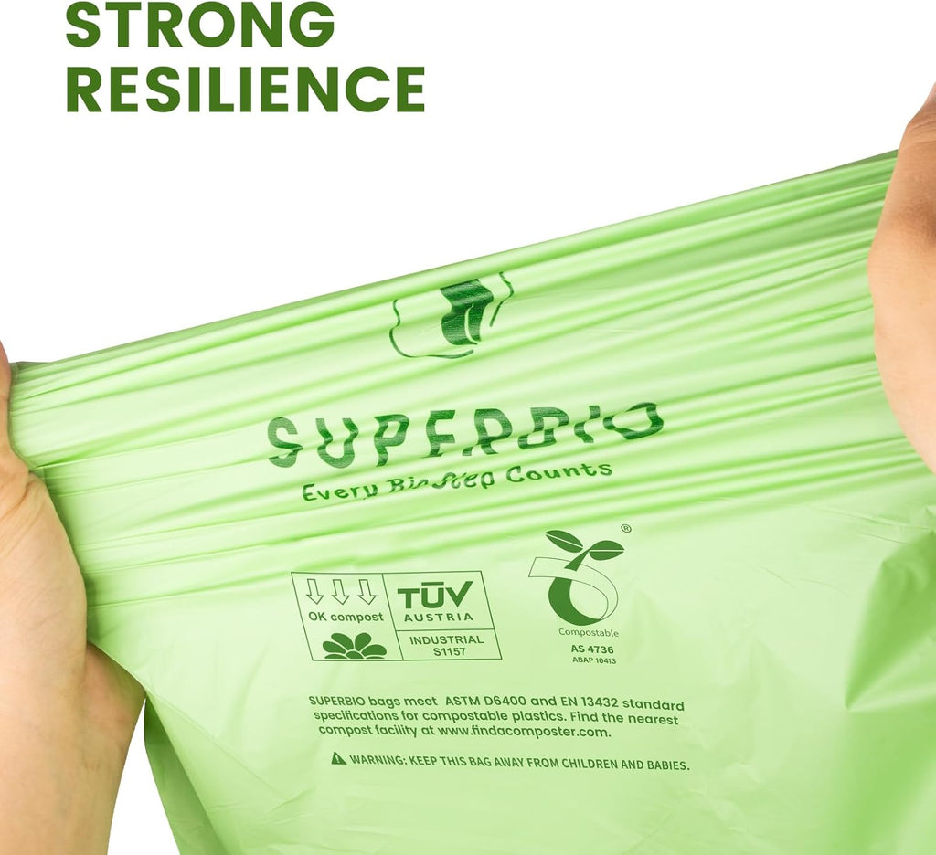 SUPERBIO 8 Gallon Compostable Drawstring Kitchen Waste Bags,30.3 Liter, 30 Count, 1 Mil,Heavy Duty Food Waste Bags, BPI, Seedling and OK compost INDUSTRIAL