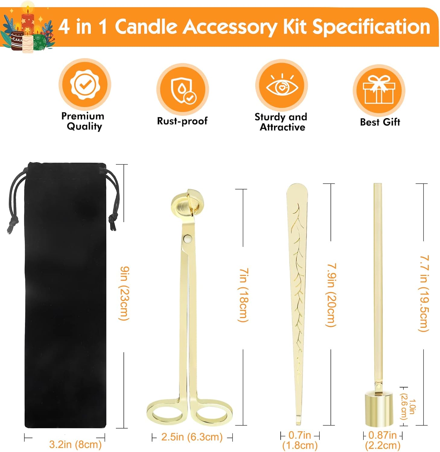 4 in 1 Candle Accessories Kit, Wick Trimmer, Candle Snuffer and Wick Trimmer, Candle Snuffer, Candle Wick Dipper with Velvet Pouch, Direction Card- Gift Package for Candle Lovers (Gold)