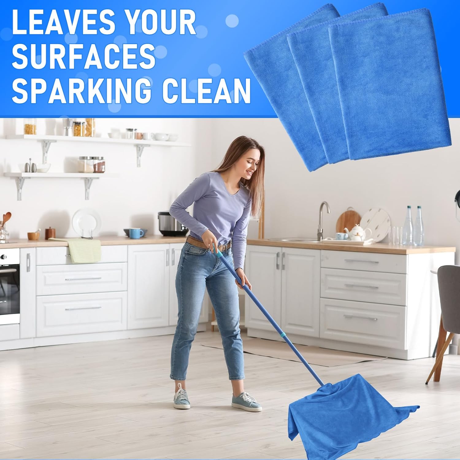 Newwiee 3 Pcs Extra Large Microfiber Cleaning Cloth 30" x 20" Washable Reusable Microfiber Towel Streak Free Lint Free Cloth for Cleaning Home Glass Office Window Bathrooms (Blue)