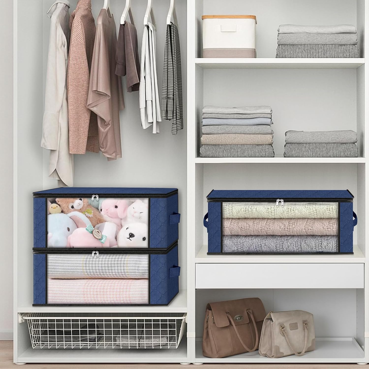 HomeHacks Storage 6-Pack Clothes Organizer Storage Bags Foldable Storage Box with Large Clear Window Sturdy Handles for Closet, Dorm, Pillows, Bedding, Clothes, Blankets, 35L, Blue