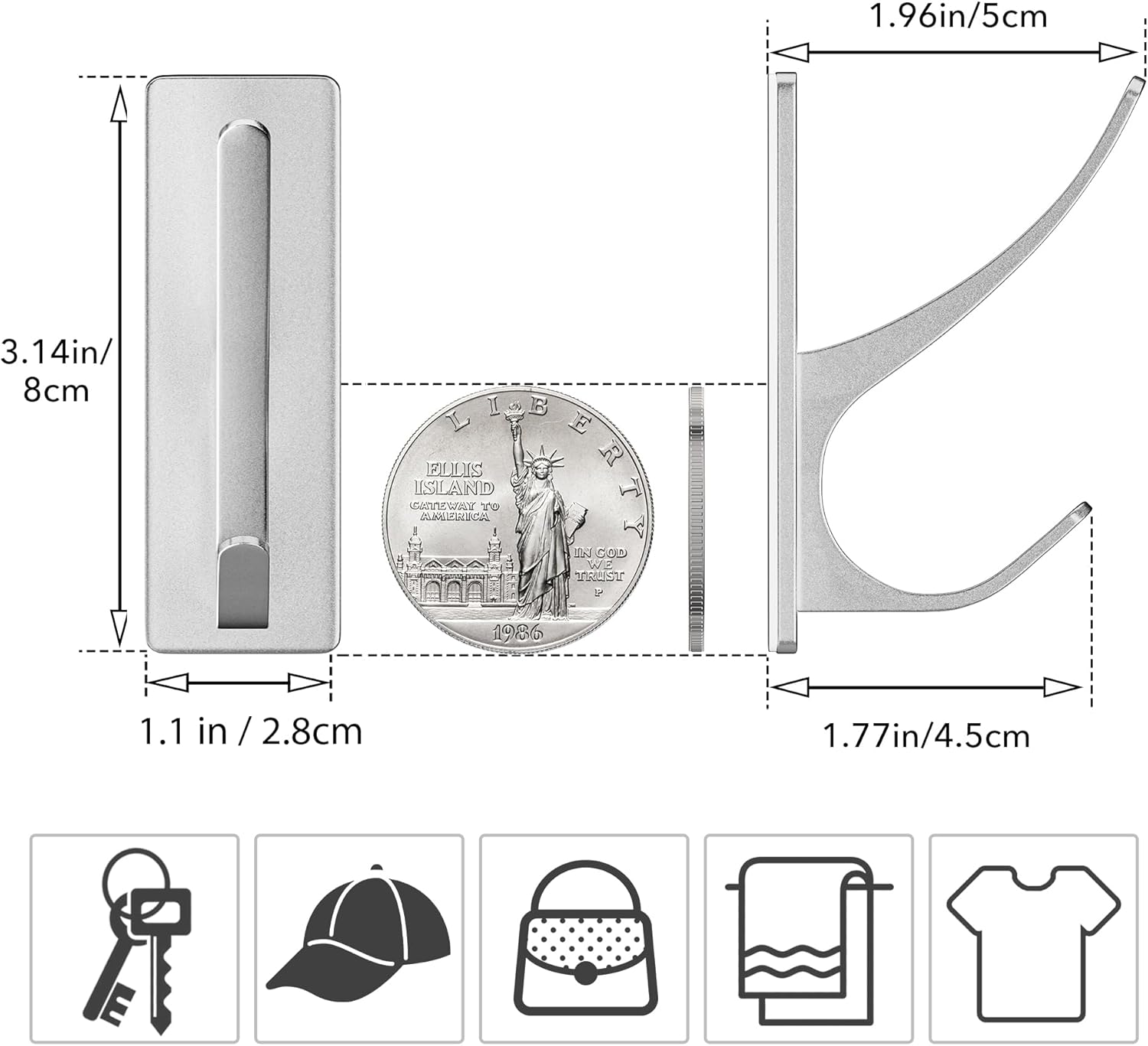 Self-Adhesive Coat Hooks for Hanging - Heavy Duty Stainless Double Wall Hook for Towel, Backpack, Hat, Sturdy Metal Hanger for Bathroom, Bedroom, Door, Wall Mounted, 4-Pack, Silver, New