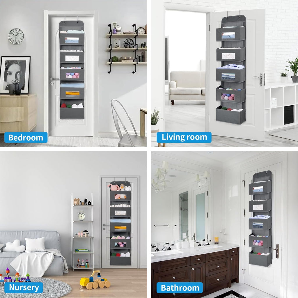 5-Shelf Over The Door Hanging Organizer with 2 Metal Hooks，5 Pocket Over The Door Wall Mount Storage with Clear Windows for Baby Nursery Bathroom Closet,Bedroom,Dorm (Gray-2 Pack)