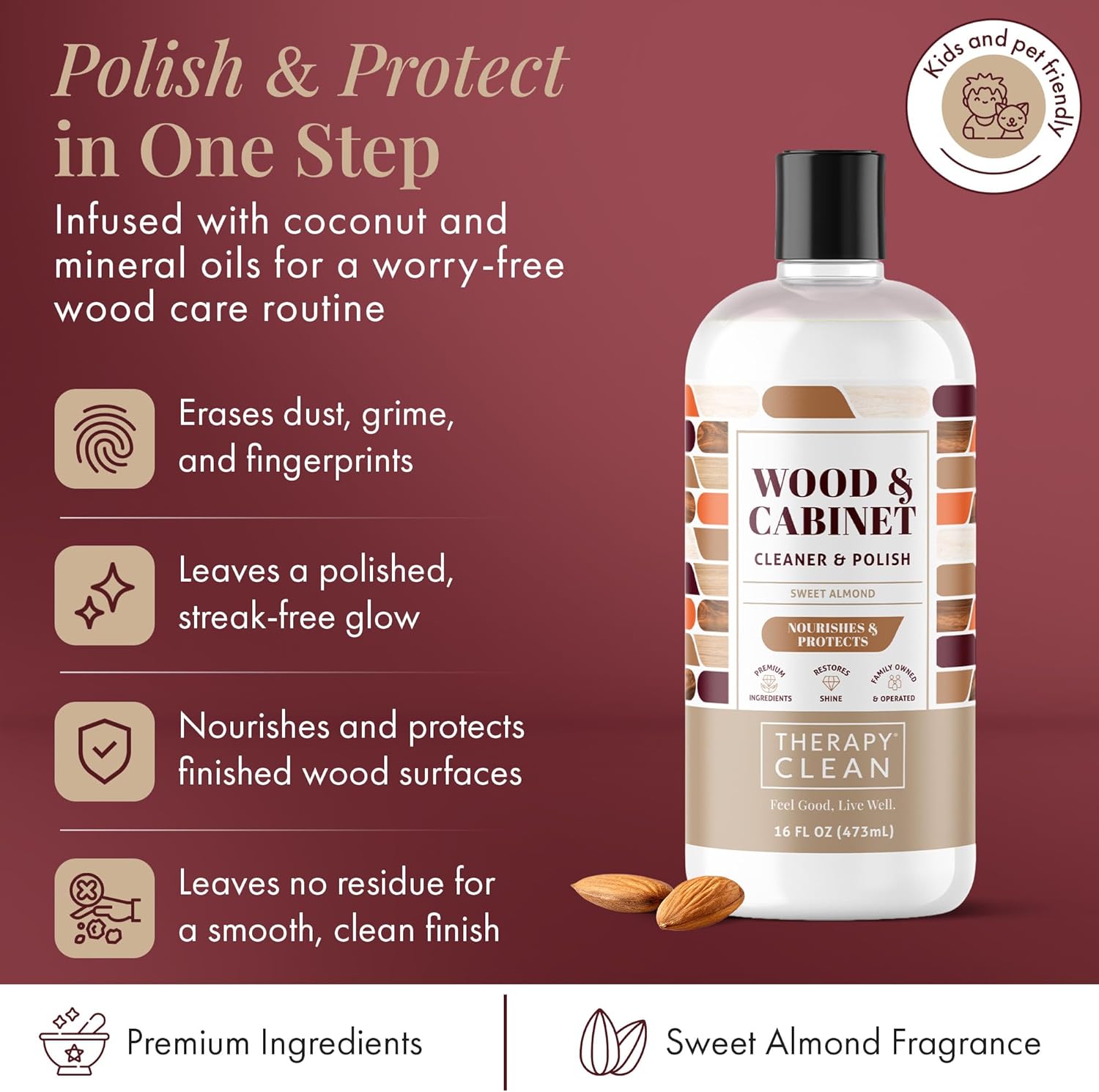 Therapy Wood Cleaner and Furniture Polish 16 oz. (2 Pack) - Wood Cabinet and Table Cleaner - Conditioner - Almond Scent