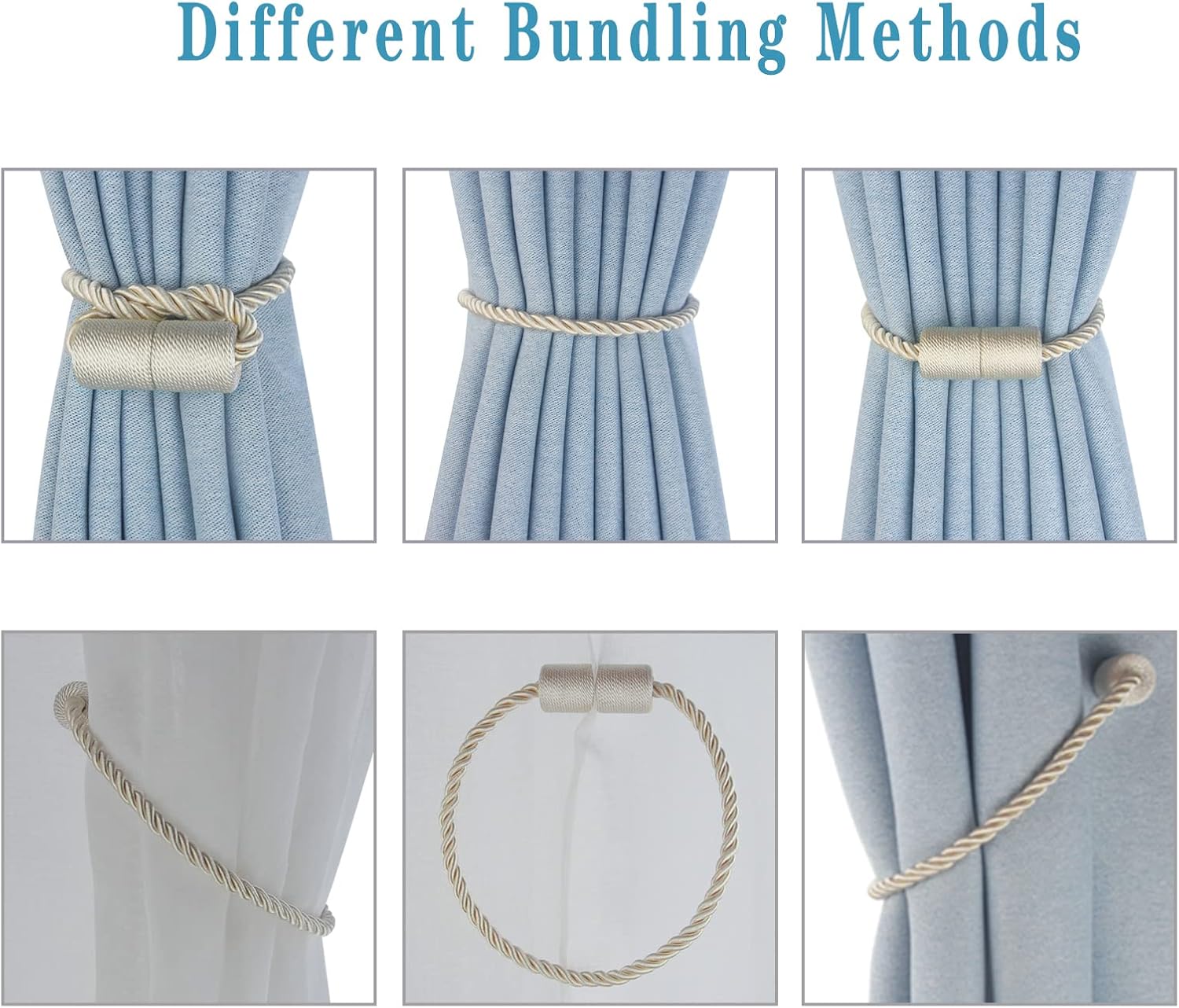 Magnetic Curtain Tiebacks 6 Pack Beige Curtain Rope Tieback Curtain Holders for Drapes Modern Tie Backs Decorative Curtain Holdbacks