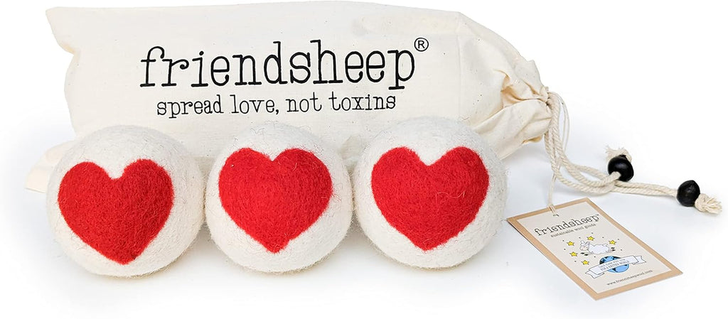 Friendsheep Wool Dryer Balls, Organic Reusable Fabric Softener Alternative for Laundry, Handmade, Fair Trade, Hypoallergenic, Eco-Friendly, Plastic-Free (3 Pack XL – Red Heart)