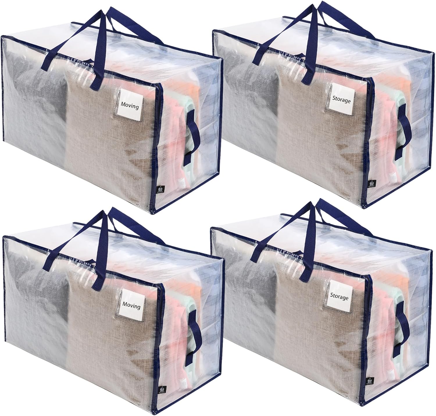 VENO 4 Pack Moving and Storage Bags, Heavy Duty, Alternative to Moving Boxes, Large Packing Totes Supplies for College Dorm Room with Zipper for Clothes, Wide Open Design (Clear, 4 Pack)
