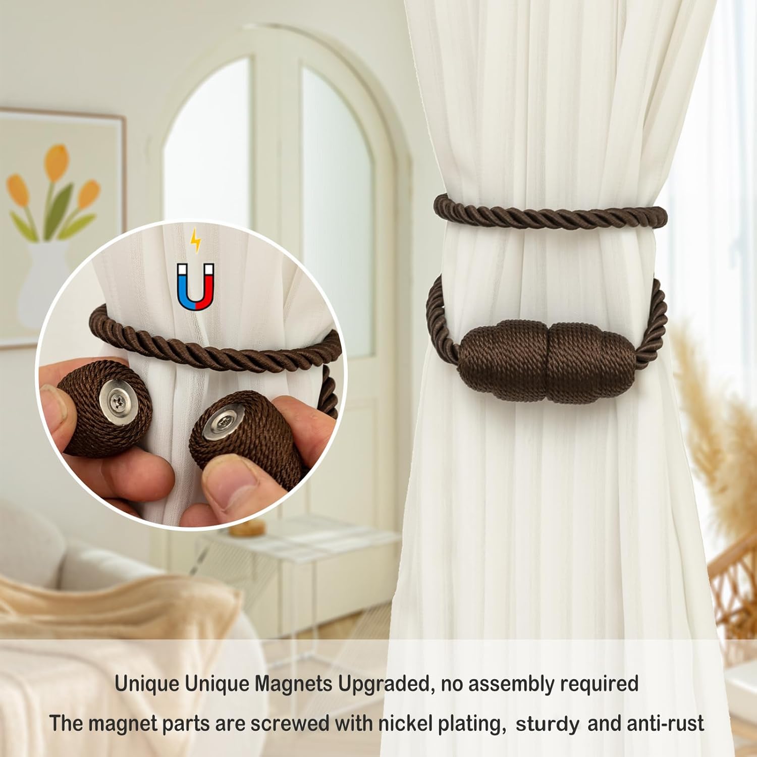 Magnetic Curtain Tiebacks Rope Curtain Tie Backs for Curtains 6 Pack Curtain Holders for Drapes Decorative Window Curtain Holdbacks, Coffee