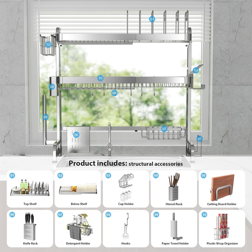 Over The Sink Dish Drainer Drying Rack, Full Stainless Steel 3-Tier Adjustable Length Over Sink Dish Drying Rack, Large Capacity Dish Rack Over Sink for Kitchen Counter, Pots & Pans Rack