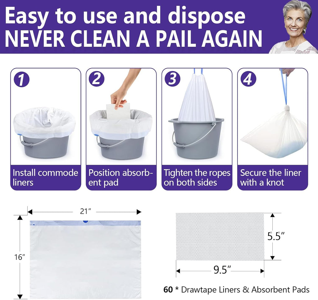 Senvok Commode Liners with Highly Absorbent Pads - 60 Pack | Lavender Scent | Leak-Proof Medical Grade Disposable Liners for Bedside Commode & Adult Toilet Care