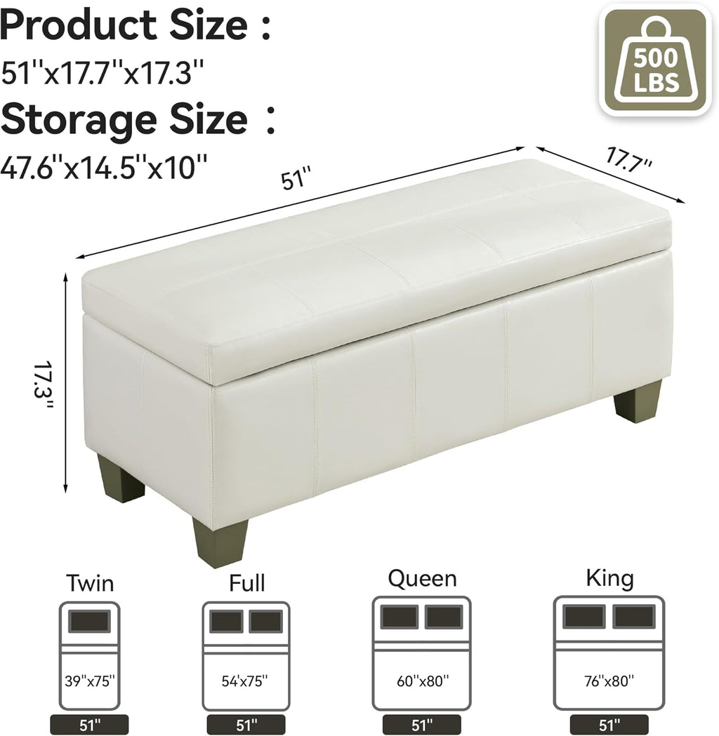 51" Faux Leather Storage Ottoman, Stitch Tufted Rectangle Upholstered End of Bed Storage Bench, Entryway Large Couch Ottoman with Wooden Legs,White